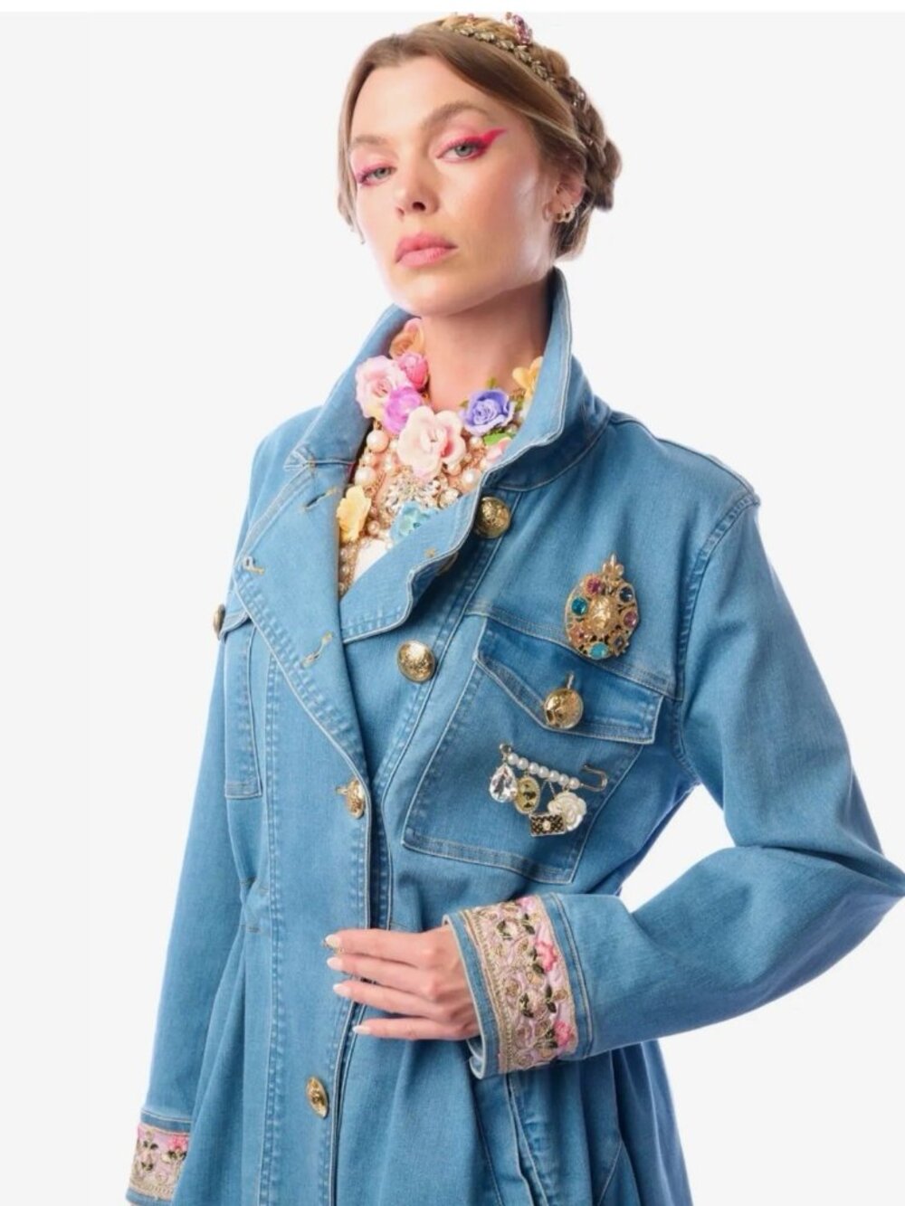 Aratta Monte Carlo Denim Hi-Low Long Coat Blue Decorative Brooch Size S M L - Picture 8 of 15